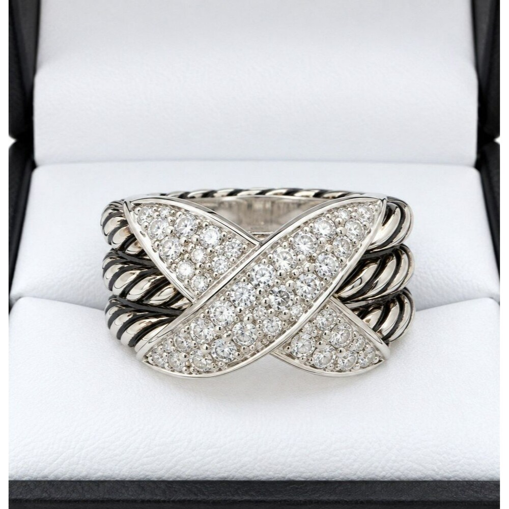 Vintage Rhodium PL Crisscross Ring Pavé Crystal Twisted Rope Multi-Band SZ 10